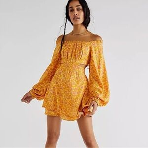 Free People Jael Floral Printed Mini Dress Golden Yellow Med Puff Sleeve